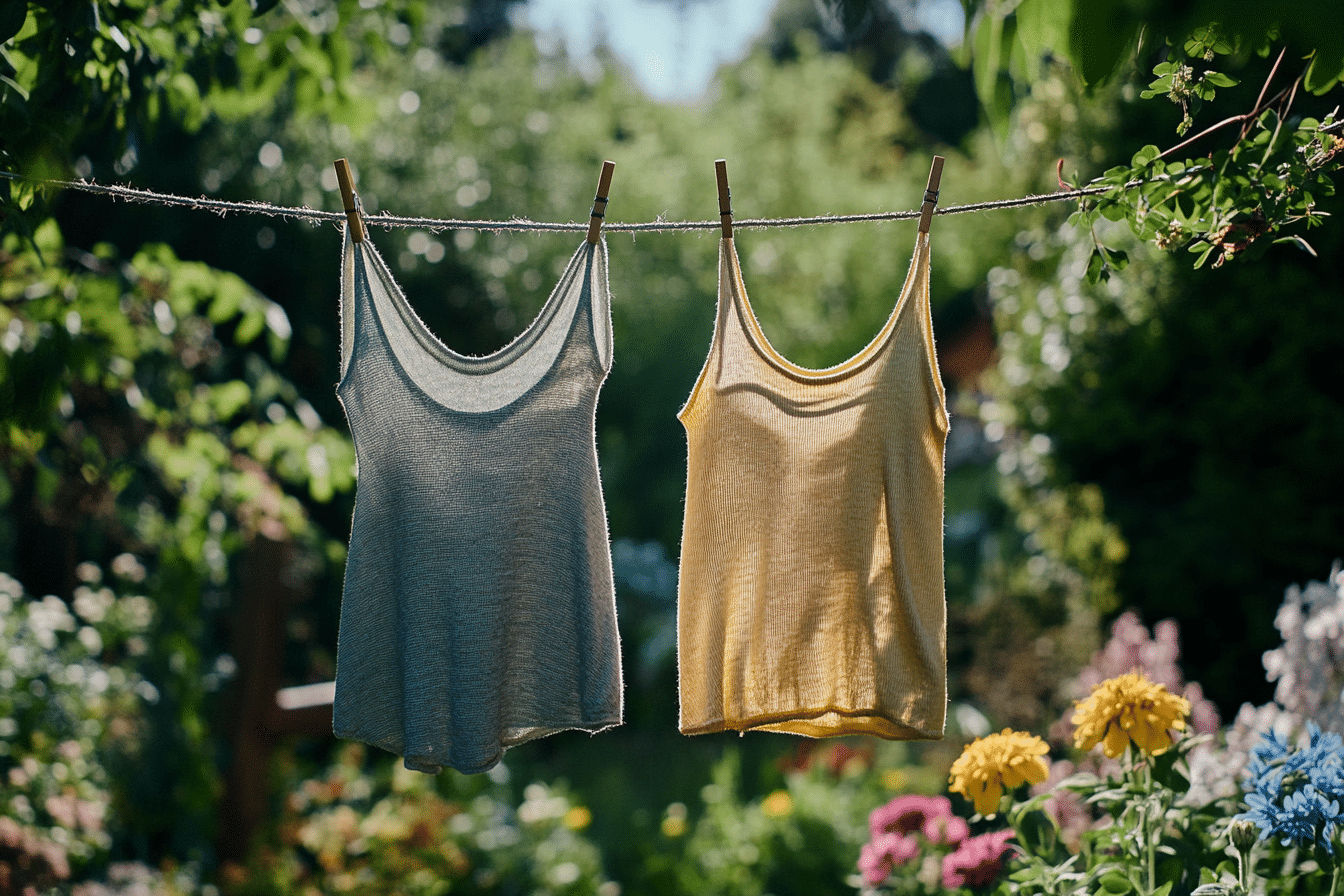 To uldundertrøjer der hænger til tørre udenfor i en have fyldt med blomster